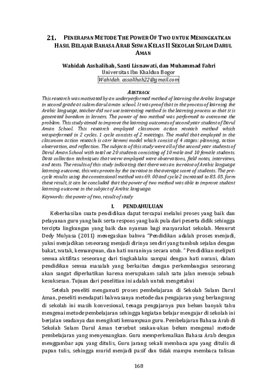 PENERAPAN METODE THE POWER OF TWO UNTUK MENINGKATKAN HASIL BELAJAR BAHASA ARAB SISWA KELAS II SEKOLAH SULAM DARUL AMAN.pdf PENERAPAN METODE THE POWER OF TWO UNTUK MENINGKATKAN HASIL BELAJAR BAHASA ARAB SISWA KELAS II SEKOLAH SULAM DARUL AMAN.pdf