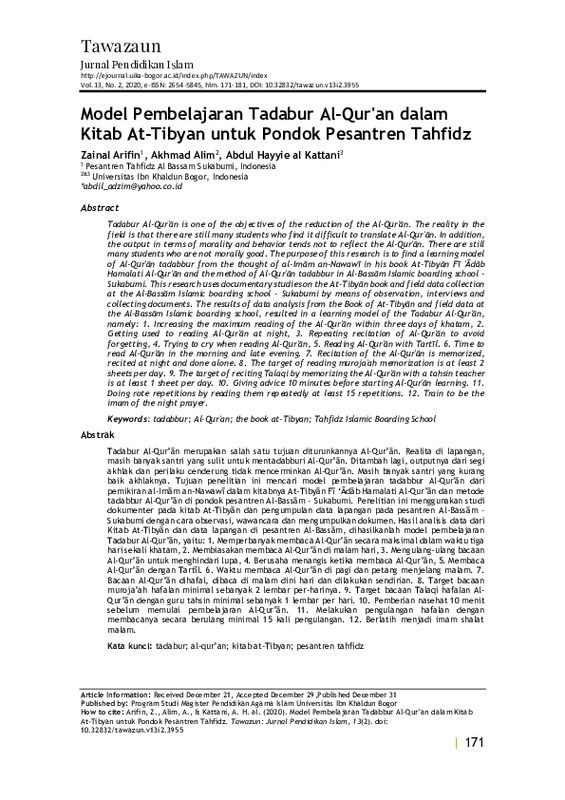 Model Pembelajaran Tadabbur Al-Qur'an dalam Kitab At-Tibyan untuk Pondok Pesantren Tahfidz.pdf Model Pembelajaran Tadabbur Al-Qur'an dalam Kitab At-Tibyan untuk Pondok Pesantren Tahfidz.pdf