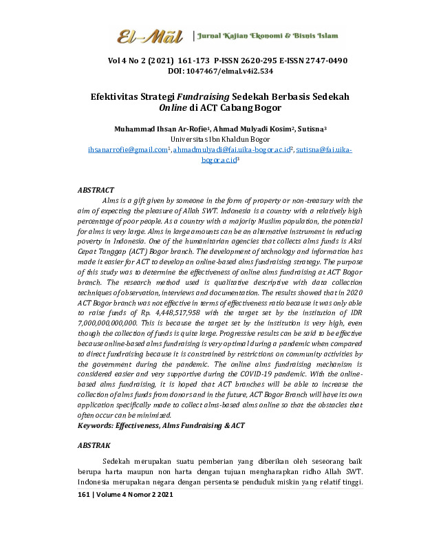 Efektivitas strategi fundraising sedekah berbasis sedekah online di ACT Cabang Bogor.pdf