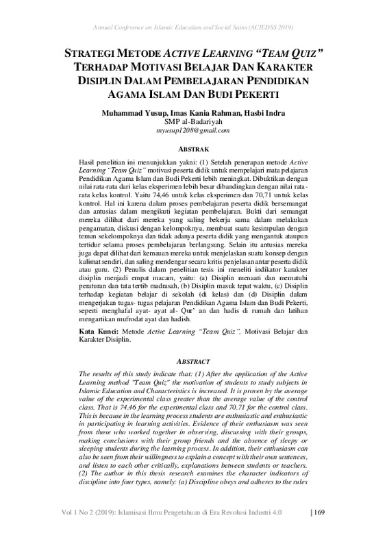 Strategi Metode Active Learning “Team Quiz” Terhadap Motivasi Belajar Dan Karakter Disiplin Dalam Pembelajaran Pendidikan Agama Islam Dan Budi Pekerti.pdf