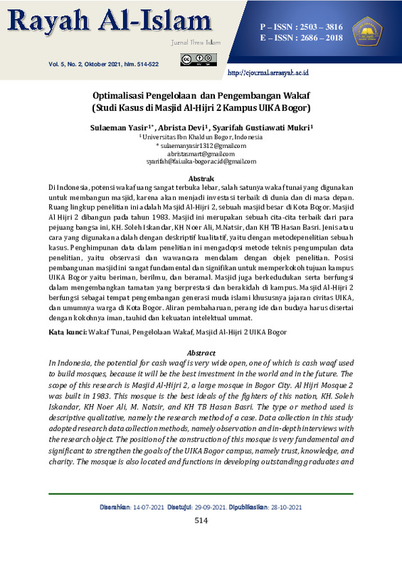 Optimalisasi Pengelolaan Dan Pengembangan Wakaf (Studi Kasus Di Masjid Al-Hijri 2 Kampus UIKA Bogor).pdf