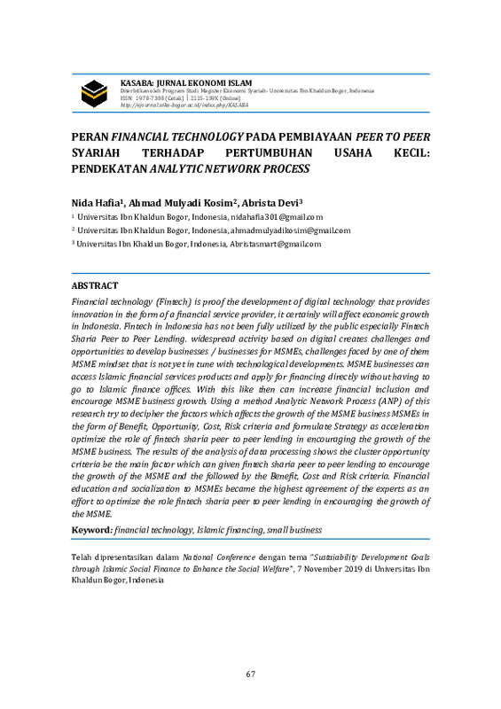 PERAN FINANCIAL TECHNOLOGY PADA PEMBIAYAAN PEER TO PEER SYARIAH TERHADAP PERTUMBUHAN USAHA KECIL PENDEKATAN ANALYTIC NETWORK PROCESS.pdf
