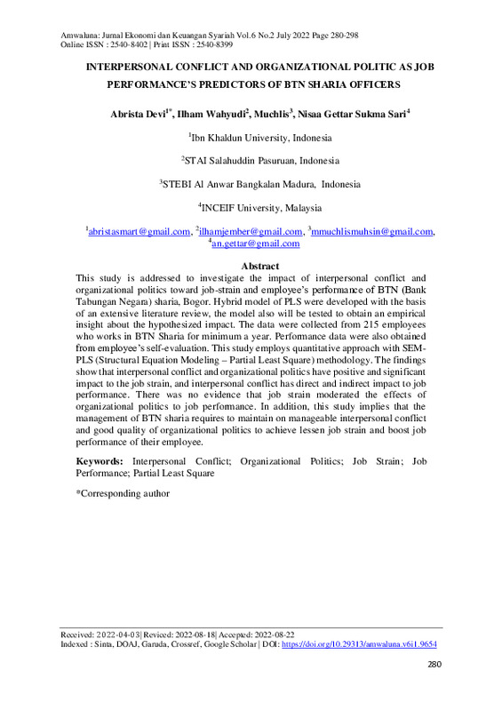INTERPERSONAL CONFLICT AND ORGANIZATIONAL POLITIC AS JOB PERFORMANCE’S PREDICTORS OF BTN SHARIA OFFICERS.pdf