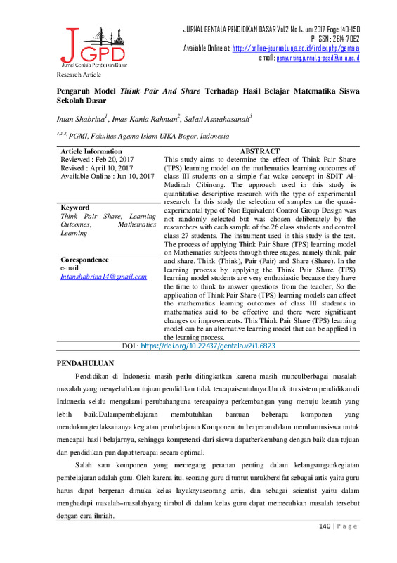Pengaruh Model Think Pair And Share Terhadap Hasil Belajar Matematika Siswa Sekolah Dasar.pdf