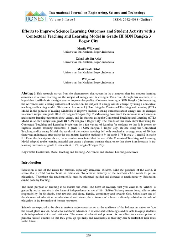 Efforts to Improve Science Learning Outcomes and Student Activity with a Contextual Teaching and Learning Model in Grade III SDN Bangka 3 Bogor City.pdf