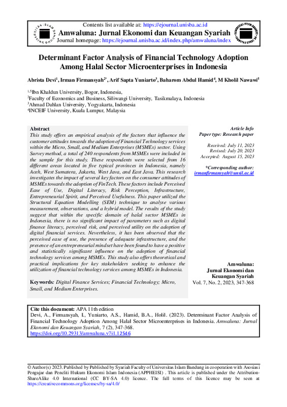 Determinant Factor Analysis of Financial Technology Adoption Among Halal Sector Microenterprises in Indonesia.pdf
