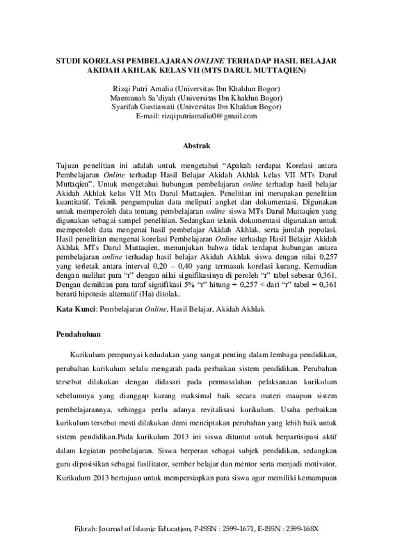 Studi Korelasi Pembelajaran Online Terhadap Hasil Belajar Akidah Akhalk Kelas VII (MTs Darul Muttaqien).pdf Studi Korelasi Pembelajaran Online Terhadap Hasil Belajar Akidah Akhalk Kelas VII (MTs Darul Muttaqien).pdf
