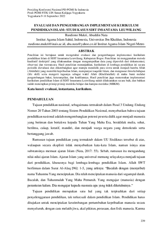 EVALUASI DAN PENGEMBANGAN IMPLEMENTASI KURIKULUM PENDIDIKAN ISLAM STUDI KASUS SDIT INSANTAMA LEUWILIANG.pdf