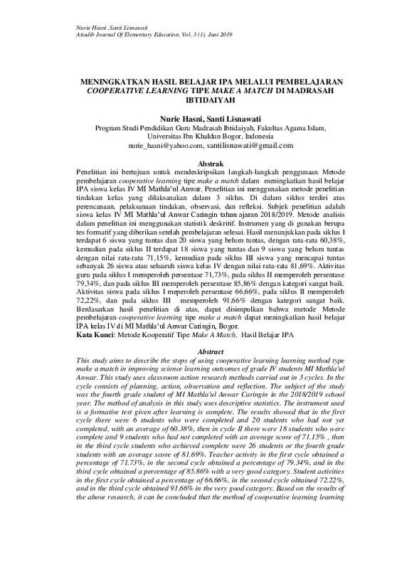 Meningkatkan Hasil Belajar IPA Melalui Pembelajaran Cooperative Learning Tipe Make A Match Di Madrasah Ibtidaiyah.pdf Meningkatkan Hasil Belajar IPA Melalui Pembelajaran Cooperative Learning Tipe Make A Match Di Madrasah Ibtidaiyah.pdf