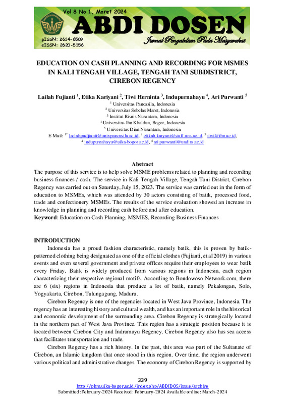 EDUCATION ON CASH PLANNING AND RECORDING FOR MSMES IN KALI TENGAH VILLAGE, TENGAH TANI SUBDISTRICT, CIREBON REGENCY.pdf