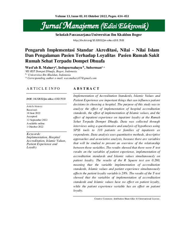 Pengaruh Implementasi Standar Akreditasi, Nilai-Nilai Islam Dan Pengalaman Pasien Terhadap Loyalitas Pasien Rumah Sakit Rumah Sehat Terpadu Dompet Dhuafa.pdf