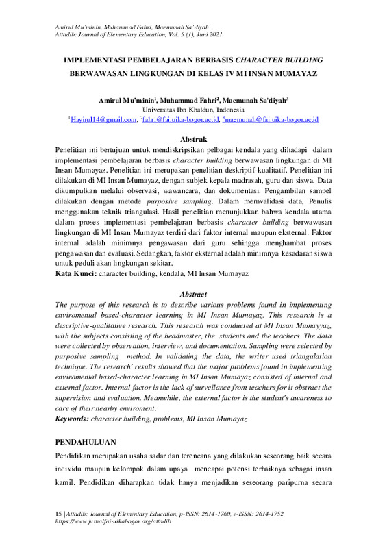 IMPLEMENTASI PEMBELAJARAN BERBASIS CHARACTER BUILDING BERWAWASAN LINGKUNGAN DI KELAS IV MI INSAN MUMAYAZ.pdf IMPLEMENTASI PEMBELAJARAN BERBASIS CHARACTER BUILDING BERWAWASAN LINGKUNGAN DI KELAS IV MI INSAN MUMAYAZ.pdf