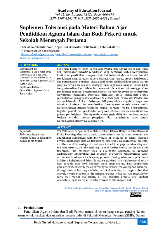 Suplemen Toleransi pada Materi Bahan Ajar Pendidikan Agama Islam dan Budi Pekerti untuk Sekolah Menengah Pertama.pdf