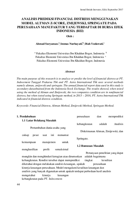Analisis Prediksi Financial Distress Menggunakan Model Altman Z-Score, Zmijewski, Springate Pada Perusahaan Manufaktur Yang Terdaftar Di Bursa Efek Indonesia (Bei).pdf Analisis Prediksi Financial Distress Menggunakan Model Altman Z-Score, Zmijewski, Springate Pada Perusahaan Manufaktur Yang Terdaftar Di Bursa Efek Indonesia (Bei).pdf