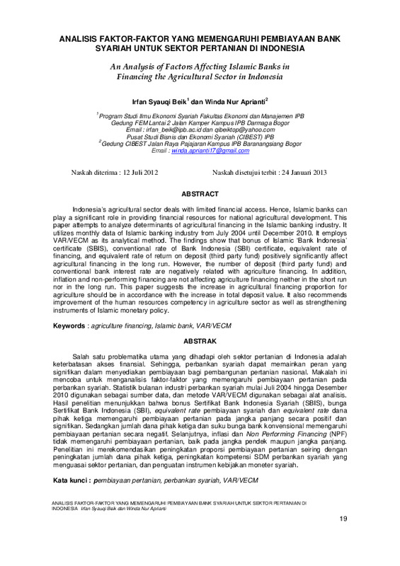Analisis faktor-faktor yang memengaruhi pembiayaan bank syariah untuk sektor pertanian di Indonesia.pdf