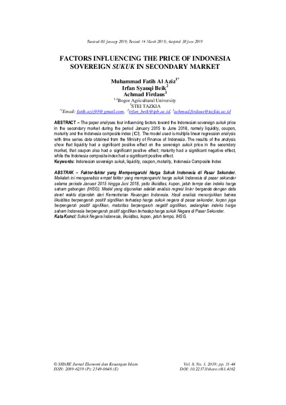 Factors Influencing The Price Of Indonesia Sovereign Sukuk In Secondary Market.pdf Factors Influencing The Price Of Indonesia Sovereign Sukuk In Secondary Market.pdf