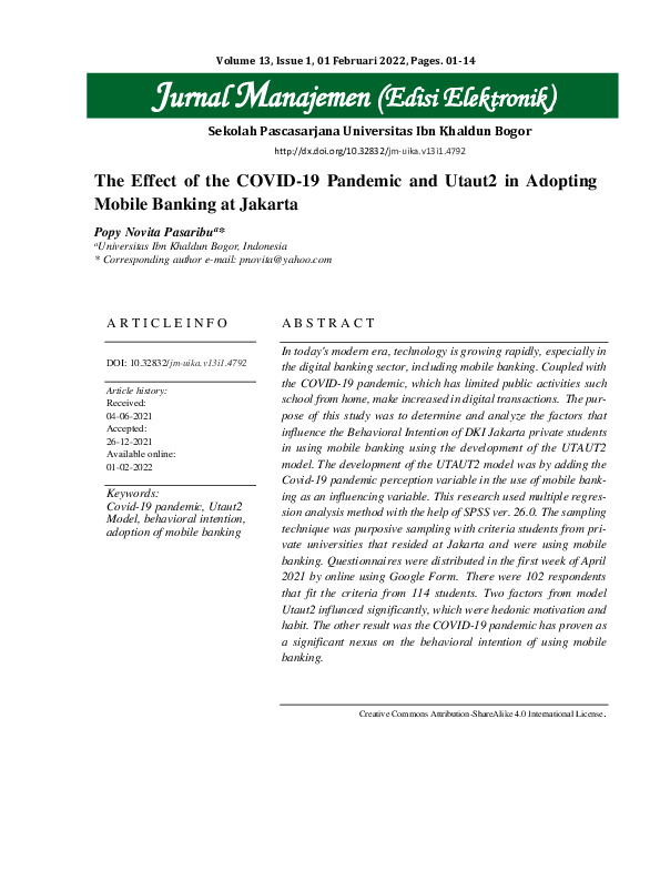 The effect of the covid-19 pandemic and UTAUT2 in adopting mobile banking at Jakarta.pdf