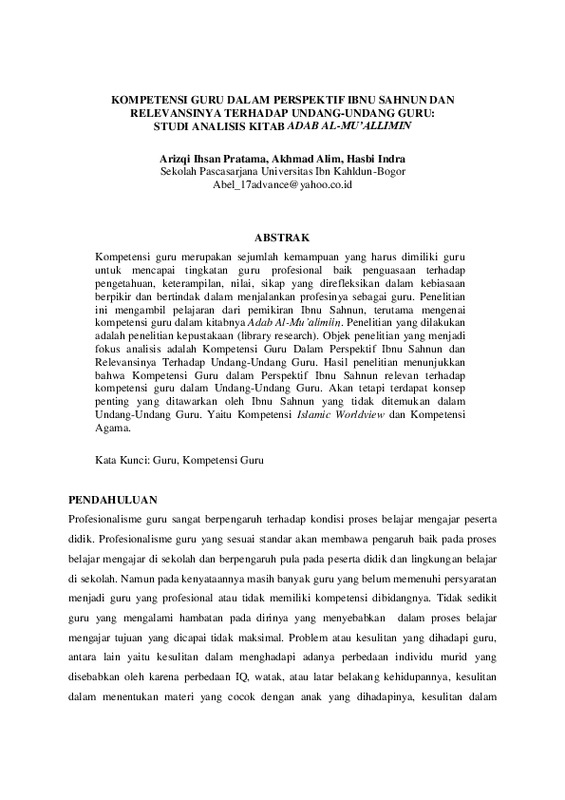 KOMPETENSI GURU DALAM PERSPEKTIF IBNU SAHNUN DAN RELEVANSINYA TERHADAP UNDANG-UNDANG GURU STUDI ANALISIS KITAB ADAB AL-MU’ALLIMIN.pdf KOMPETENSI GURU DALAM PERSPEKTIF IBNU SAHNUN DAN RELEVANSINYA TERHADAP UNDANG-UNDANG GURU STUDI ANALISIS KITAB ADAB AL-MU’ALLIMIN.pdf