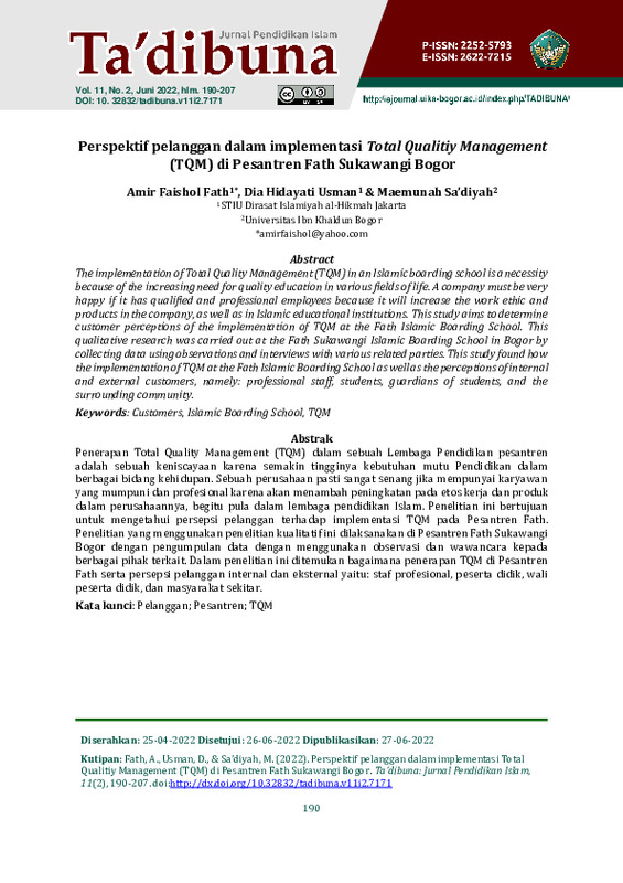 Perspektif pelanggan dalam implementasi Total Qualitiy Management (TQM) di Pesantren Fath Sukawangi Bogor.pdf