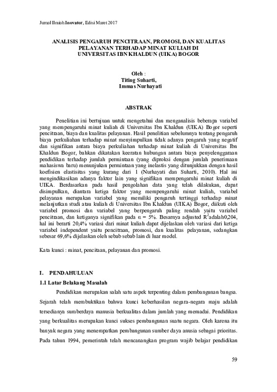 ANALISIS PENGARUH PENCITRAAN, PROMOSI, DAN KUALITAS PELAYANAN TERHADAP MINAT KULIAH DI UNIVERSITAS IBN KHALDUN (UIKA) BOGOR.pdf