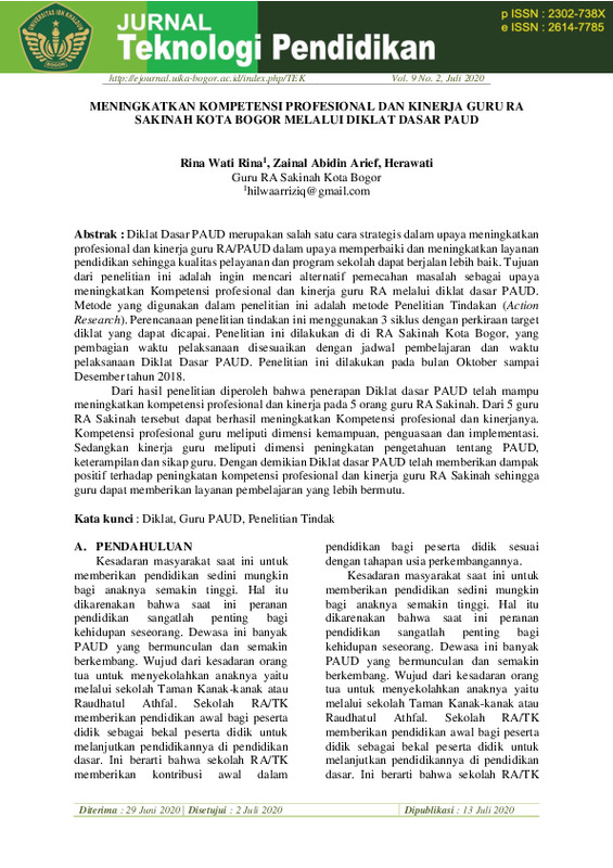 MENINGKATKAN KOMPETENSI PROFESIONAL DAN KINERJA GURU RA SAKINAH KOTA BOGOR MELALUI DIKLAT DASAR PAUD.pdf MENINGKATKAN KOMPETENSI PROFESIONAL DAN KINERJA GURU RA SAKINAH KOTA BOGOR MELALUI DIKLAT DASAR PAUD.pdf