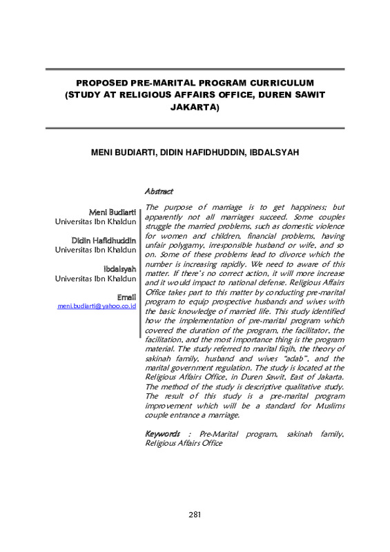PROPOSED PRE-MARITAL PROGRAM CURRICULUM (STUDY AT RELIGIOUS AFFAIRS OFFICE, DUREN SAWIT JAKARTA).pdf