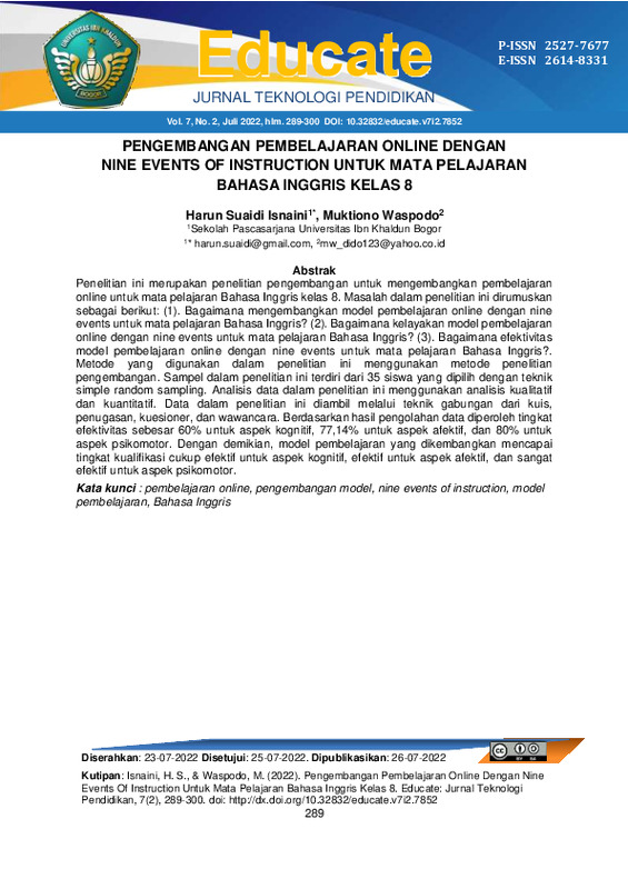 Pengembangan Pembelajaran Online Dengan Nine Events Of Instruction Untuk Mata Pelajaran Bahasa Inggris Kelas 8.pdf Pengembangan Pembelajaran Online Dengan Nine Events Of Instruction Untuk Mata Pelajaran Bahasa Inggris Kelas 8.pdf