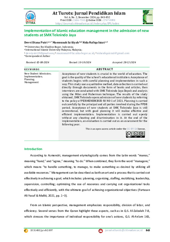 Implementation of islamic education management in the admission of new students at SMK Teknindo Jaya.pdf Implementation of islamic education management in the admission of new students at SMK Teknindo Jaya.pdf