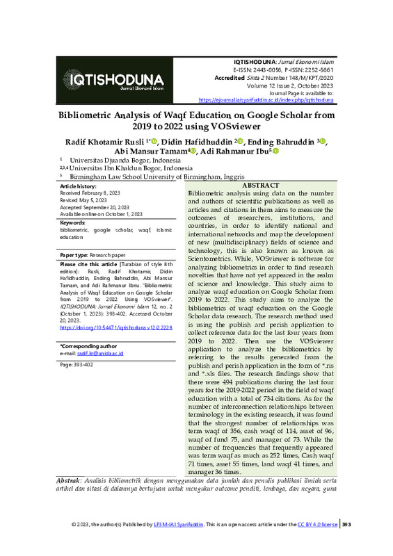 Bibliometric Analysis of Waqf Education on Google Scholar from 2019 to 2022 using VOSviewer.pdf
