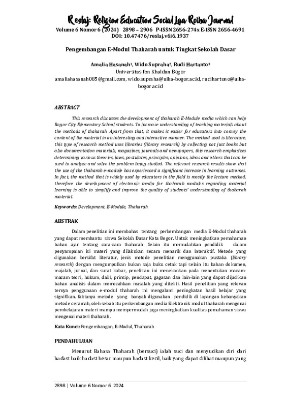 Pengembangan E-Modul Thaharah untuk Tingkat Sekolah Dasar.pdf Pengembangan E-Modul Thaharah untuk Tingkat Sekolah Dasar.pdf