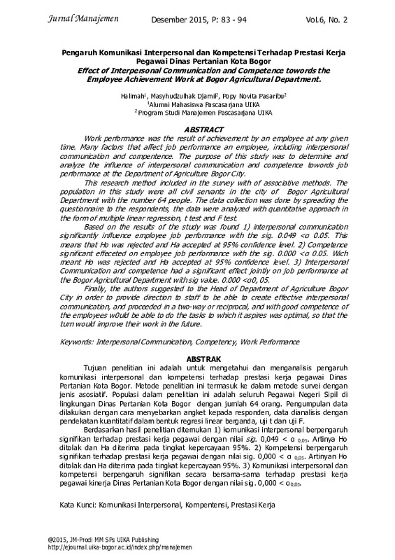 Pengaruh Komunikasi Interpersonal dan Kompetensi Terhadap Prestasi Kerja Pegawai Dinas Pertanian Kota Bogor.pdf