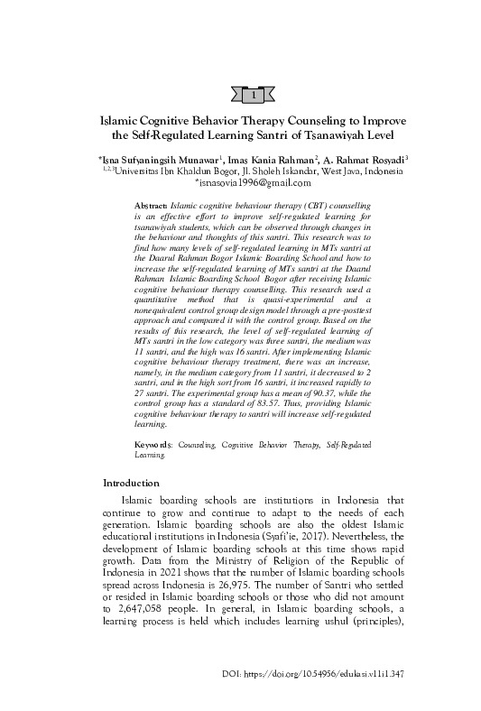 Islamic Cognitive Behavior Therapy Counseling to Improve the Self-Regulated Learning Santri of Tsanawiyah Level.pdf
