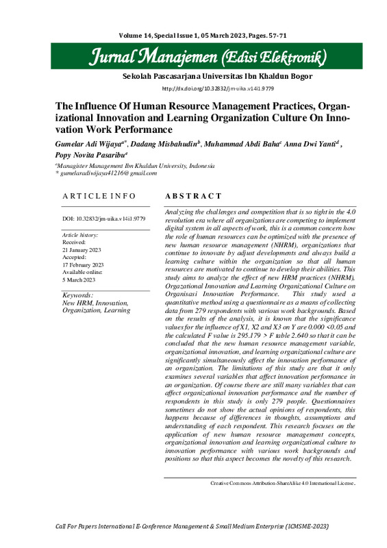 The Influence Of Human Resource Management Practices, Organizational Innovation and Learning Organization Culture On Innovation Work Performance.pdf