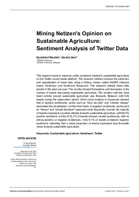 Mining Netizen's Opinion on Sustainable Agriculture Sentiment Analysis of Twitter Data.pdf