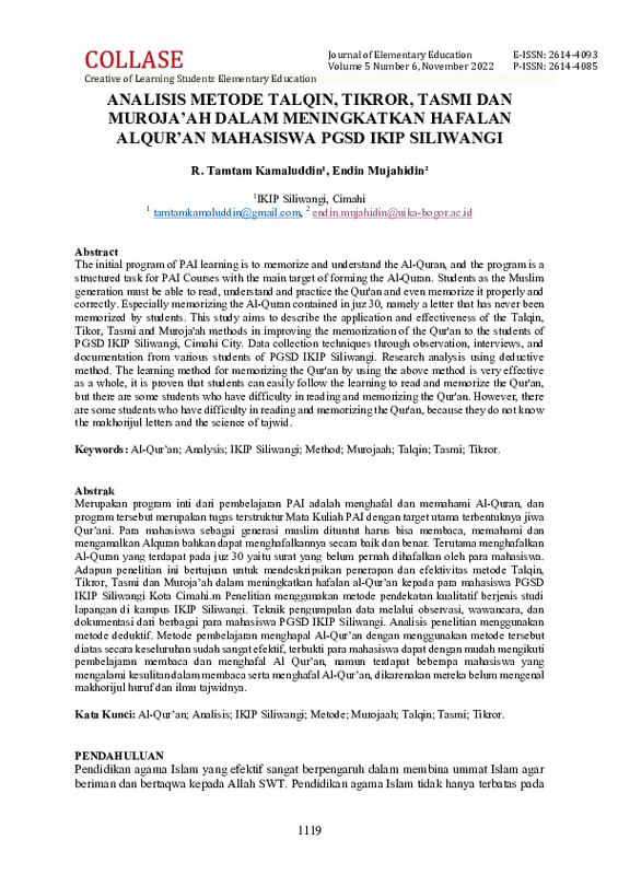 ANALISIS METODE TALQIN, TIKROR, TASMI DAN MUROJAâ€™ AH DALAM MENINGKATKAN HAFALAN AL QURâ€™ AN MAHASISWA PGSD IKIP SILIWANGI.pdf