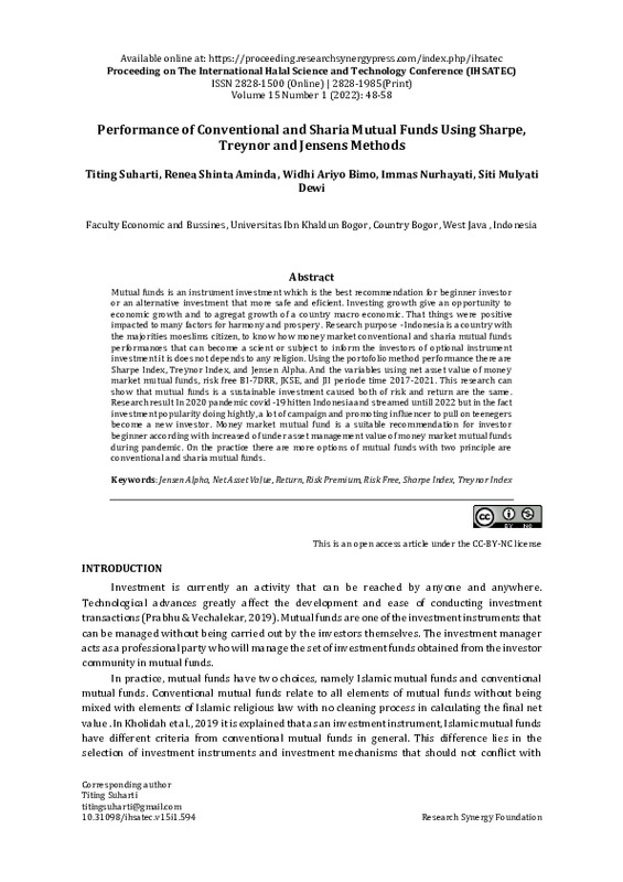 Performance of Conventional and Sharia Mutual Funds Using Sharpe, Treynor and Jensens Methods.pdf Performance of Conventional and Sharia Mutual Funds Using Sharpe, Treynor and Jensens Methods.pdf