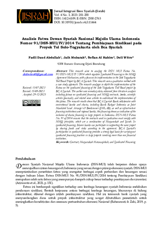 Analisis Fatwa Dewan Syariah Nasional Majelis Ulama Indonesia Nomor 91DSN-MUIIV2014 Tentang Pembiayaan Sindikasi pada Proyek Tol Solo-Yogyakarta oleh Bca Syariah.pdf
