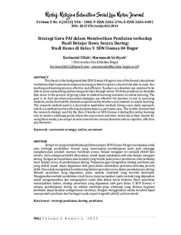 Strategi Guru PAI Dalam Memberikan Penilaian Terhadap Hasil Belajar Siswa Secara Daring.pdf