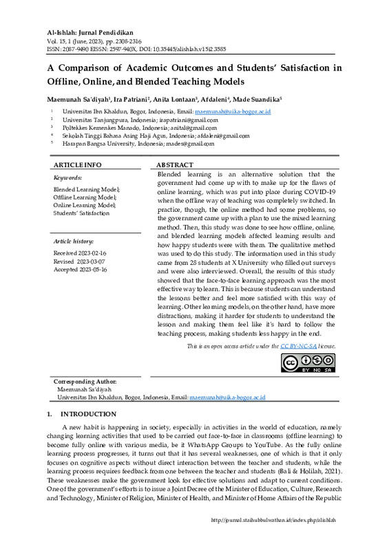 A Comparison of Academic Outcomes and Students’ Satisfaction in Offline, Online, and Blended Teaching Models.pdf