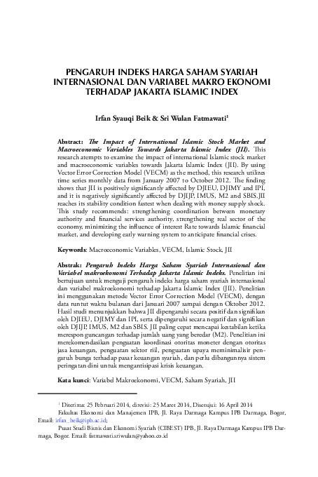 Pengaruh indeks harga saham syariah internasional dan variabel makro ekonomi terhadap Jakarta Islamic Index.pdf Pengaruh indeks harga saham syariah internasional dan variabel makro ekonomi terhadap Jakarta Islamic Index.pdf