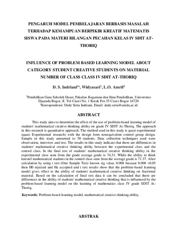 Pengaruh model pembelajaran berbasis masalah terhadap kemampuan berpikir kreatif matematis siswa pada materi bilangan pecahan kelas IV SDIT At-Thoriq.pdf Pengaruh model pembelajaran berbasis masalah terhadap kemampuan berpikir kreatif matematis siswa pada materi bilangan pecahan kelas IV SDIT At-Thoriq.pdf