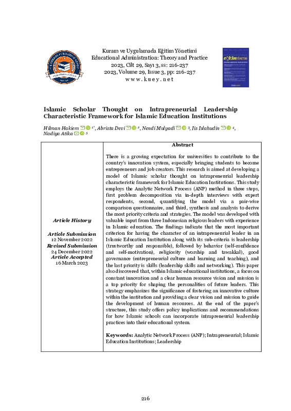 Islamic scholar thought on intrapreneurial leadership characteristic framework for Islamic education institutions.pdf Islamic scholar thought on intrapreneurial leadership characteristic framework for Islamic education institutions.pdf