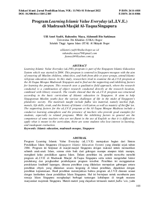 Program Learning Islamic Value Everyday (aL.I.V.E.) di Madrasah Masjid Al-Taqua Singapura.pdf Program Learning Islamic Value Everyday (aL.I.V.E.) di Madrasah Masjid Al-Taqua Singapura.pdf