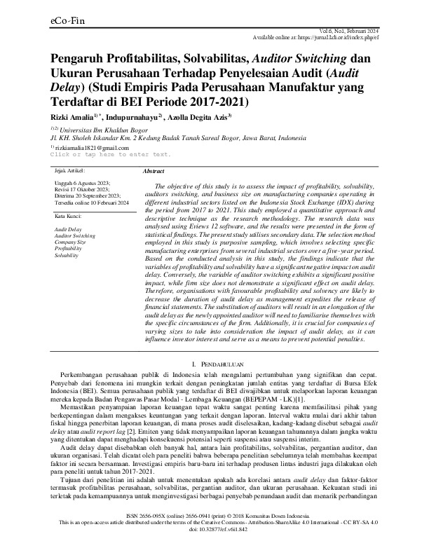 Pengaruh Profitabilitas, Solvabilitas, Auditor Switching, dan Ukuran Perusahaan Terhadap Penyelesaian Audit (Audit Delay)(Studi Empiris Pada Perusahaan Manufaktur yang ….pdf Pengaruh Profitabilitas, Solvabilitas, Auditor Switching, dan Ukuran Perusahaan Terhadap Penyelesaian Audit (Audit Delay)(Studi Empiris Pada Perusahaan Manufaktur yang ….pdf