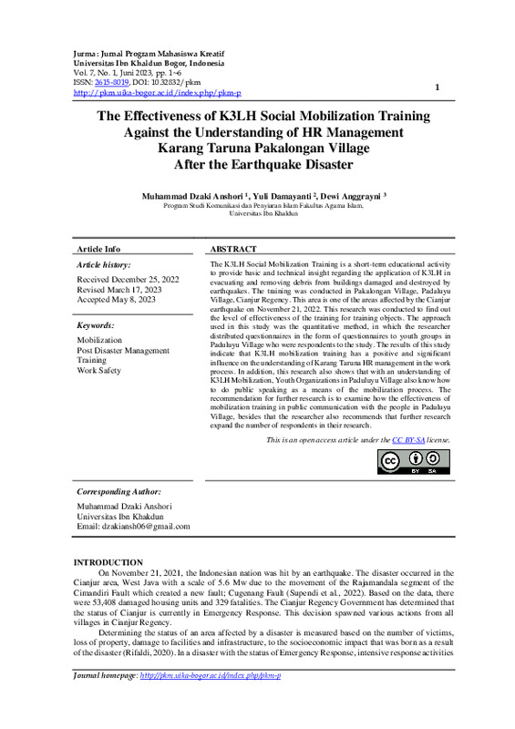 The Effectiveness of K3LH Social Mobilization Training Against the Understanding of HR Management Karang Taruna Pakalongan Village After the Earthquake Disaster.pdf