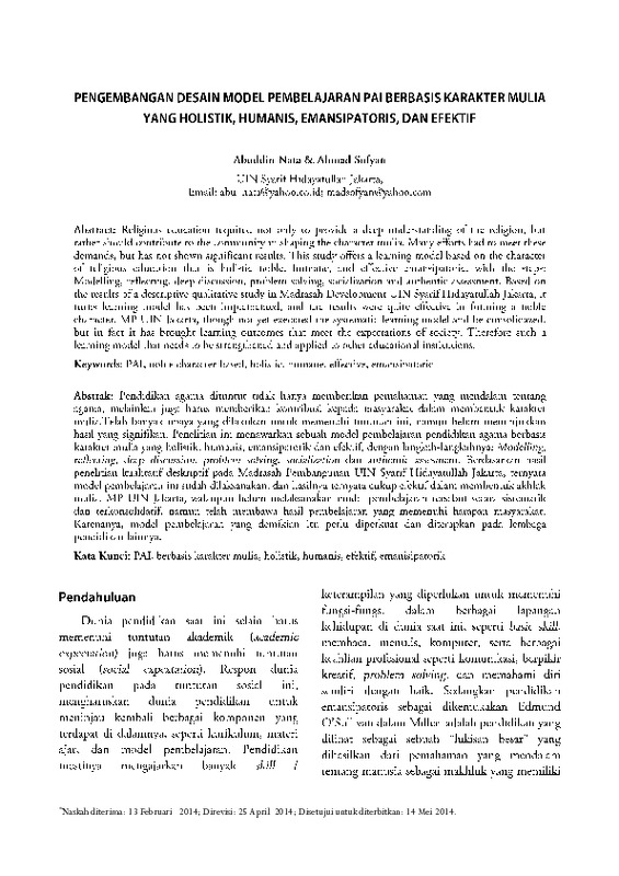Pengembangan Desain Model Pembelajaran PAI Berbasis Karakter Mulia yang Holistik, Humanis, Emansipatoris, dan Efektif.pdf