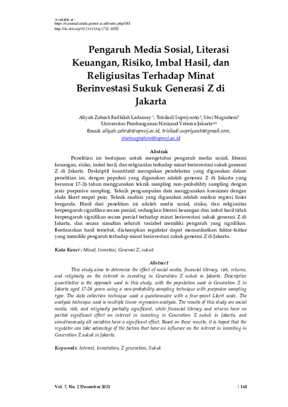 Pengaruh media sosial, literasi keuangan, risiko, imbal hasil, dan religiusitas terhadap minat berinvestasi sukuk generasi Z di Jakarta.pdf