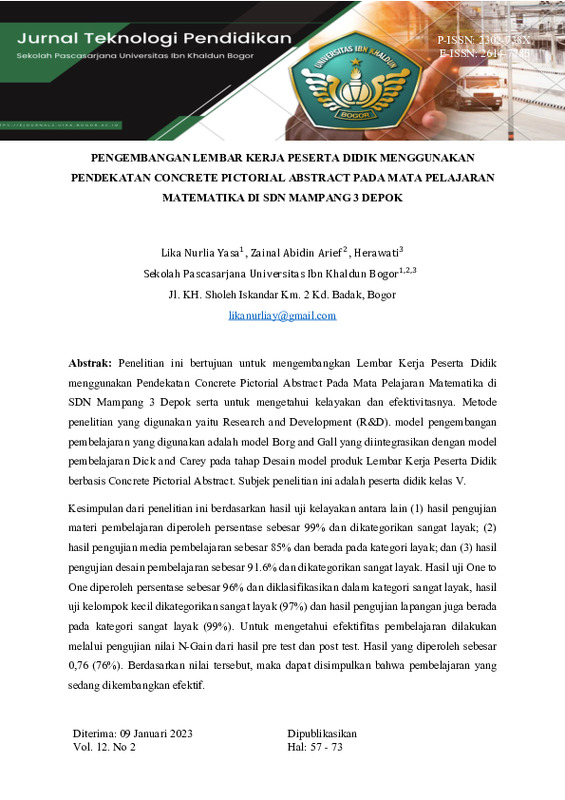 PENGEMBANGAN LEMBAR KERJA PESERTA DIDIK MENGGUNAKAN PENDEKATAN CONCRETE PICTORIAL ABSTRACT PADA MATA PELAJARAN MATEMATIKA DI SDN MAMPANG 3 DEPOK.pdf PENGEMBANGAN LEMBAR KERJA PESERTA DIDIK MENGGUNAKAN PENDEKATAN CONCRETE PICTORIAL ABSTRACT PADA MATA PELAJARAN MATEMATIKA DI SDN MAMPANG 3 DEPOK.pdf