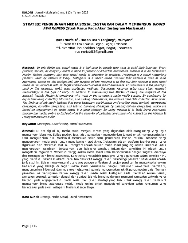 STRATEGI PENGGUNAAN MEDIA SOSIAL INSTAGRAM DALAM MEMBANGUN BRAND AWARENESS (Studi Kasus Pada Akun Instagram Mazlem. id).pdf