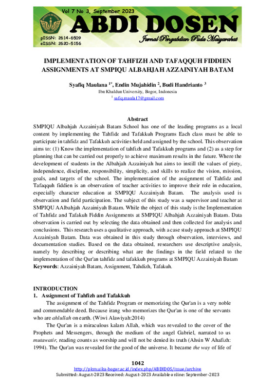 IMPLEMENTATION OF TAHFIZH AND TAFAQQUH FIDDIEN ASSIGNMENTS AT SMPIQU ALBAHJAH AZZAINIYAH BATAM.pdf IMPLEMENTATION OF TAHFIZH AND TAFAQQUH FIDDIEN ASSIGNMENTS AT SMPIQU ALBAHJAH AZZAINIYAH BATAM.pdf